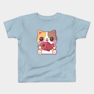 Cute Cat With Red Carp Fish Kids T-Shirt